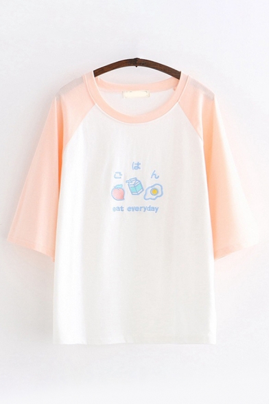 Preppy Girls Short Sleeve Round Neck Letter EAT EVERYDAY Cartoon Embroidered Color Block Relaxed Tee