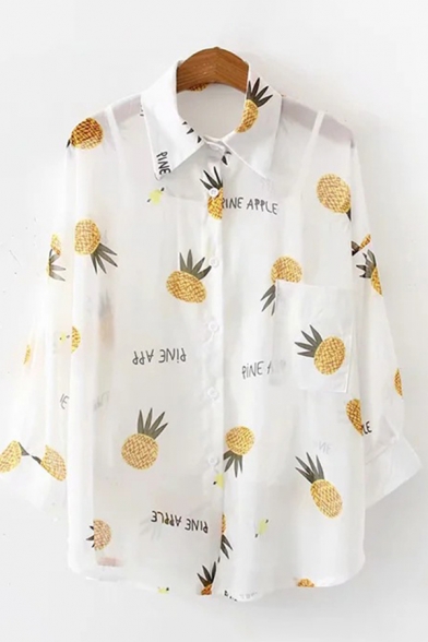 Pretty Chic Womens Long Sleeve Lapel Collar Single Breasted All Over Fruit Letter PINEAPPLE Print Relaxed Fit White Shirt with Cami