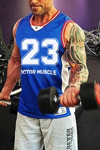 Sportwear Training Sleeveless V-Neck Letter DOCTOR MUSCLE 23 Print Contrast Piped Slim Fitted Tank