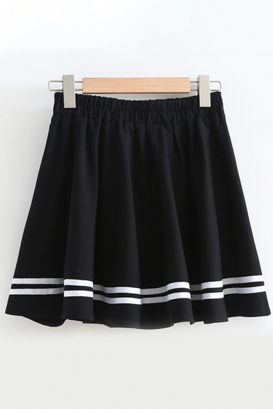 Stylish Street Ladies Elastic Waist Stripe Patterned Mini Pleated A-Line Skirt in Black