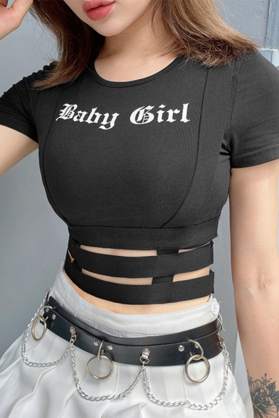 Unique Fashion Black Short Sleeve Round Neck Letter BABY GIRL Bandage Hollow Out Fitted Crop Tee for Women