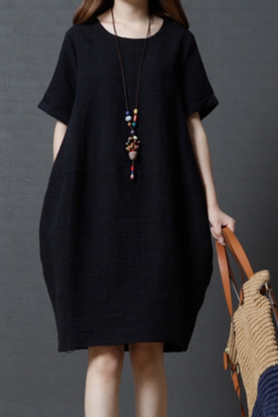 Casual Basic Short Sleeve Round Neck Solid Color Linen and Cotton Midi Oversize Dress for Women