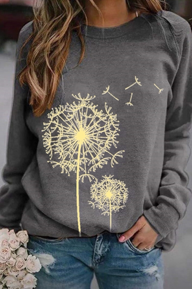 Casual Fashion Long Sleeve Crew Neck Dandelion Printed Relaxed Fit Pullover Sweatshirt for Women