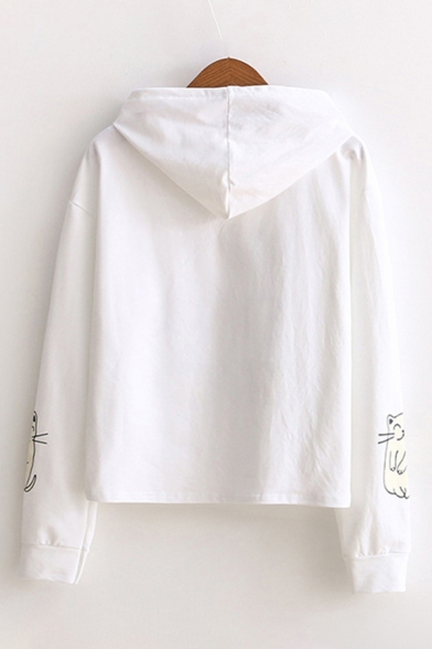 Casual Girls Long Sleeve Drawstring Letter DON'T STRESS MEOW Cat Graphic Relaxed Fit Hoodie