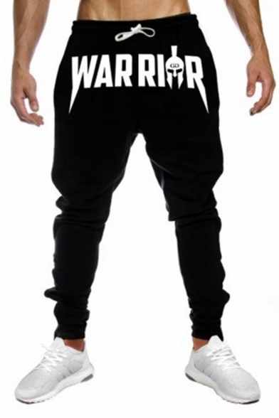 Chic Popular Mens Drawstring Waist Letter WARRIOR Print Ankle Length Tapered Fit Sweatpants