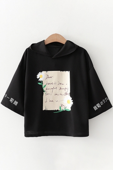 Chic Trendy Girls Bell Sleeves Hooded Letter Print Floral Graphic Colorblock Relaxed T Shirt