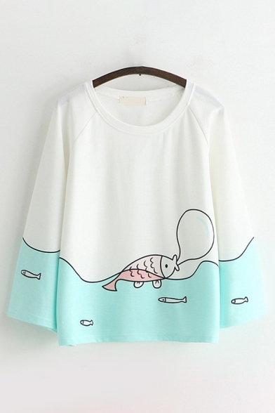 Cute Girls Long Sleeve Round Neck Fish Ocean Patternd Loose Fit T-Shirt in White