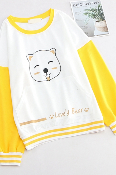 Cute Girls Long Sleeve Round Neck Letter LOVELY BEAR Graphic Striped Color Block Relaxed Fit Pullover Sweatshirt in White
