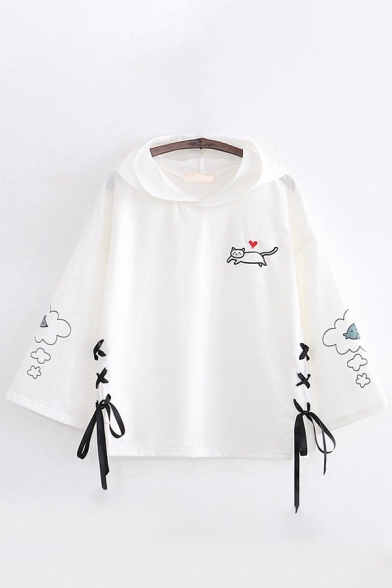 Cute Kawaii Girls Bell Sleeves Cat Heart Paw Printed Lace Up Sides Loose Fit Hoodie
