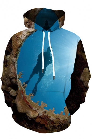 Designer Boys Blue Long Sleeve Drawstring Diver Ocean 3D Patterned Loose Fit Hoodie with Pocket