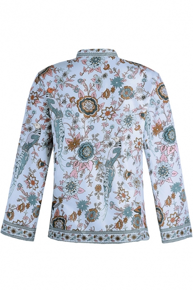 Ethnic Ladies Bell Sleeve Stand Collar Button Up All Over Floral Printed Relaxed Blouse Top