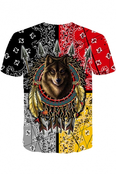 Ethnic Tribal Mens Short Sleeve Crew Neck Wolf Floral Pattern Color Block Relaxed Fit Tee Top in Black