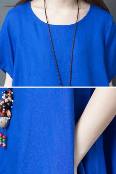 Fashion Vintage Ladies Short Sleeve Round Neck Cotton and Linen Color Block Slit Side Maxi Oversize Dress in Blue
