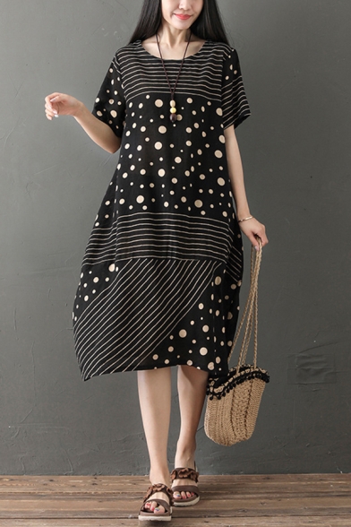 Fashionable Girls Short Sleeve Round Neck Polka Dot Stripe Patterned Cotton and Linen Maxi Oversize Dress