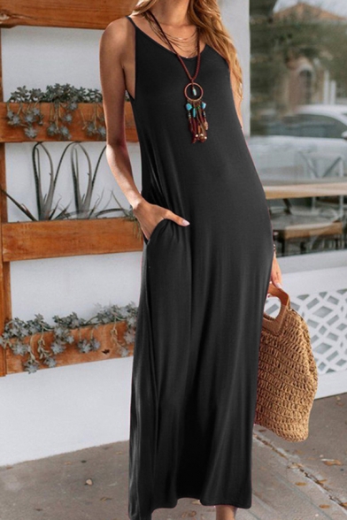 Fashionable Sexy Womens Sleeveless V-Neck Solid Color Long Shift Cami Dress