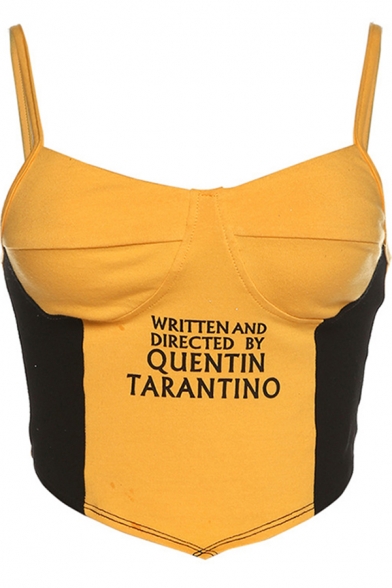 Girls Fashionable Sleeveless Letter QUENTIN TARANTINO Print Colorblock Irregular Hem Slim Fit Crop Cami Top in Yellow