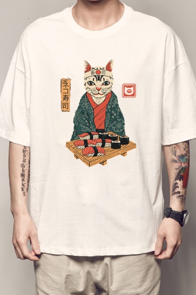 Korean Boys Short Sleeve Crew Neck Cat Astronaut Printed Loose Fit T-Shirt