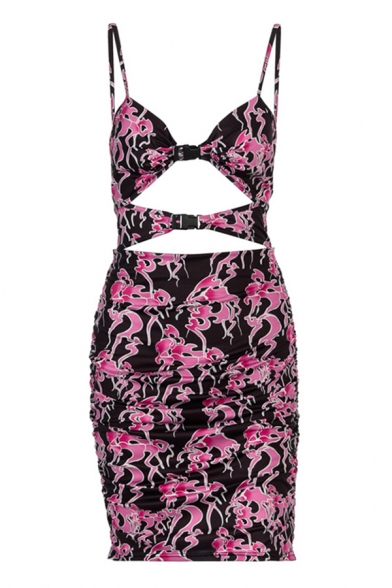 Ladies Sexy Purple Sleeveless Buckle Front Cut Out Allover Patterned Mini Bodycon Cami Dress