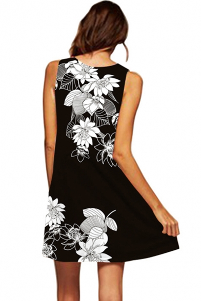 Ladies Stylish Sleeveless Round Neck Flower Printed Short A-Line Tank Dress in Black