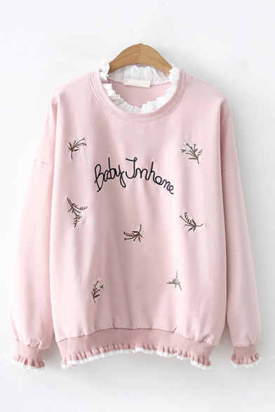 Leisure Cute Long Sleeve Letter BABY IM HOME Floral Graphic Stringy Selvedge Relaxed Pullover Sweatshirt for Girls