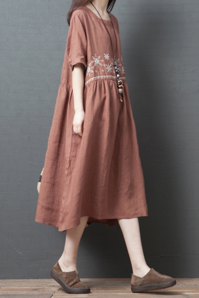 Leisure Vintage Womens Short Sleeve Round Neck Snowflake Printed Linen Ruched Maxi Swing Dress