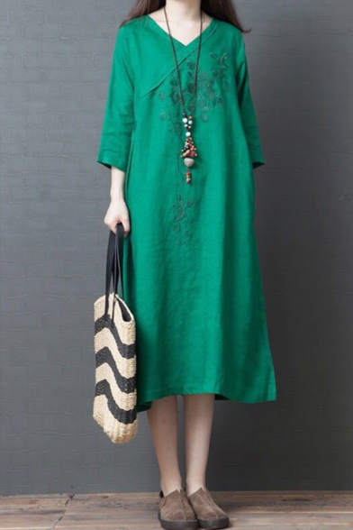 New Fashion Womens Three-Quarter Sleeves Surplice Neck Flower Embroidery Cotton and Linen Maxi Oversize Dress in Green