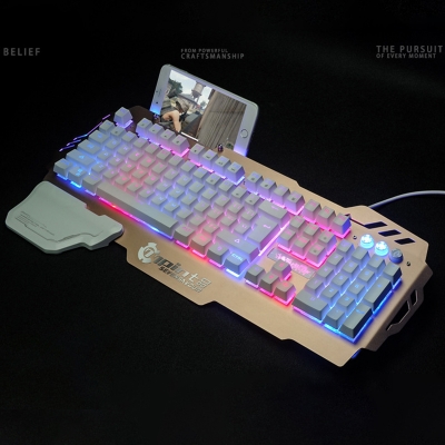 PK-900 USB Wired Metal Gaming Keyboard Gaming Waterproof Multicolor Backlit 104 pcs Keys with Hand Support, White/Camel