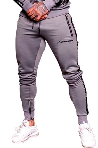 Popular Active Mens Mid Rise Letter Print Zipper Detail Skinny Cuffed Pants