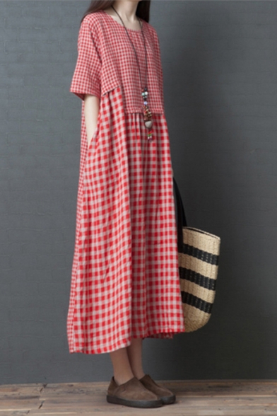 Popular Girls Short Sleeve Round Neck Plaid Printed Patchwork Cotton and Linen Maxi Oversize Dress
