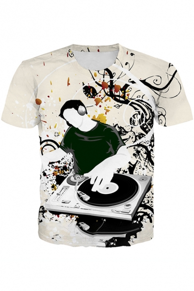 Trendy Mens Short Sleeve Crew Neck Cartoon DJ Printed Loose Fit T Shirt in White