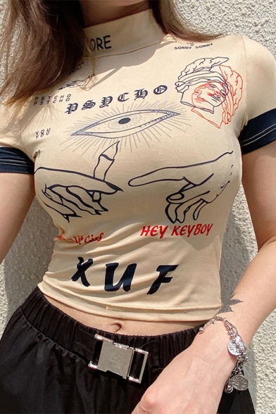 Unique Girls' Short Sleeve Mock Neck Letter XUF Cartoon Graphic Contrasted Slim Fit T-Shirt in Nude