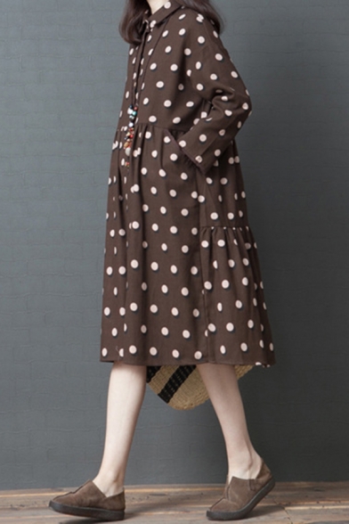 Vintage Womens Casual Long Sleeve Lapel Collar Button Down Polka Dot Printed Ruched Long Swing Shirt Dress in Coffee
