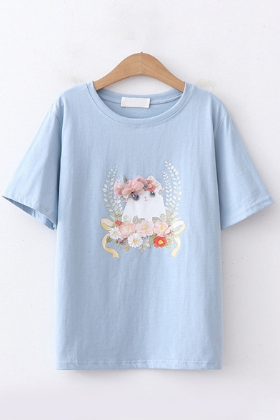Womens Lovely Short Sleeve Round Neck Cartoon Cat Print Relaxed Fit T-Shirt