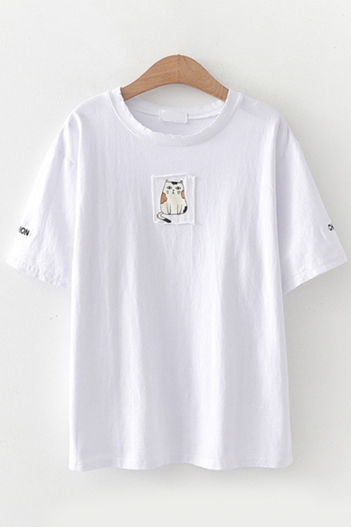 Basic Summer Womens Short Sleeve Round Neck Cat Printed Patched Loose T Shirt