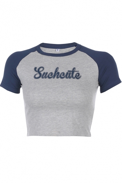 Casual Cool Short Sleeve Crew Neck Letter SUCH CUTE Print Colorblock Slim Fit Crop Tee in Gray