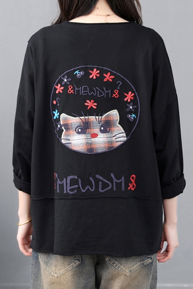 Casual Womens Long Sleeve Round Neck Letter HAPPINESS Cat Embroidered Patchwork Relaxed T Shirt