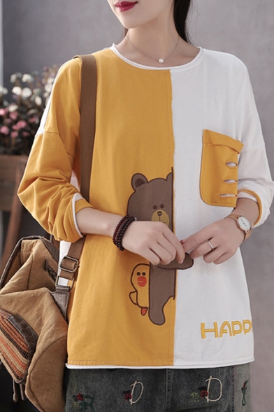 Creative Girls Long Sleeve Round Neck HAPPY Bear Duck Embroidered Ripped Pocket Patchwork Color Block Loose T Shirt
