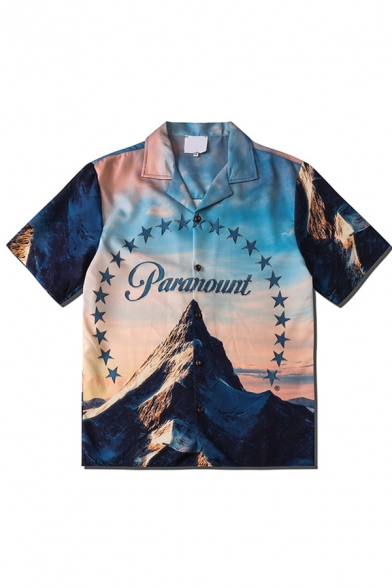 Exclusive Guys Short Sleeve Lapel Neck Button Down Letter PARANOUNT Mountain 3D Printed Relaxed Shirt in Blue