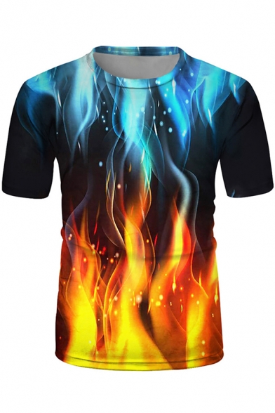 Fancy Boys Short Sleeve Crew Neck Flame Patterned Color Block Slim Fit T-Shirt in Yellow