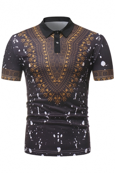 Fashion Ethnic Mens Short Sleeve Lapel Collar Button Up Flora Printed Slim Fit Polo Shirt