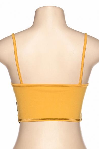 Girls Fashionable Sleeveless Letter QUENTIN TARANTINO Print Colorblock Irregular Hem Slim Fit Crop Cami Top in Yellow