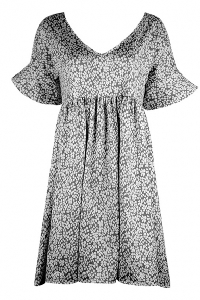 Leisure Womens Bell Sleeve Round Neck Ditsy Floral Pattern Ruched Midi Swing Dress