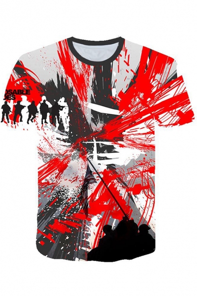 Popular Fashion Red Short Sleeve Crew Neck Creepy Abstract Pattern Slim Fit T Shirt