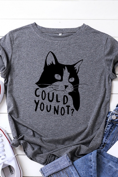 Popular Girls Rolled Short Sleeve Round Neck Letter COULD YOU NOT Cat Graphic Regular Fit T-Shirt