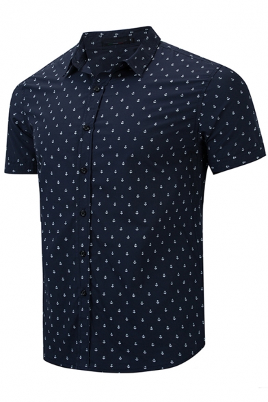 Popular Mens Short Sleeve Lapel Neck Button Down All Over Anchor Print Regular Fit Shirt in Dark Blue
