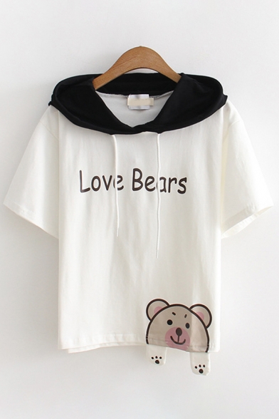 Popular Womens Short Sleeve Drawstring Letter LOVE BEARS Bear Graphic Hooded Regular Fit Hoodie