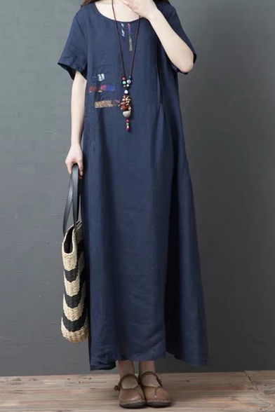 Popular Womens Short Sleeve Round Neck Solid Color Cotton and linen Maxi Oversize Dress