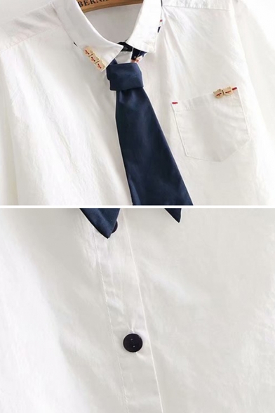 Preppy Girls Short Sleeve Lapel Collar Button Details Pocket Panel Cat Print Tie Relaxed Shirt in White