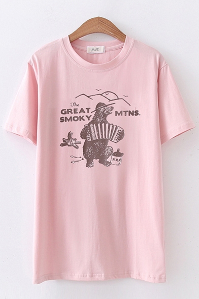 Preppy Girls Short Sleeve Round Neck Letter GREAT SMOKY Bear Graphic Regular Fit T-Shirt