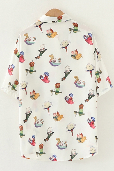 Preppy Looks Unique Short Sleeve Lapel Neck Button Down Flap Pocket Allover Cartoon Pattern Relaxed Fit Shirt in White
